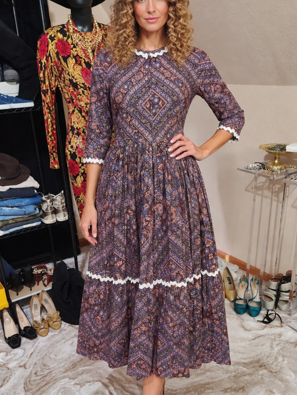 Vintage 60s Boho Paisley Prairie Midi Dress Lace Trim XS